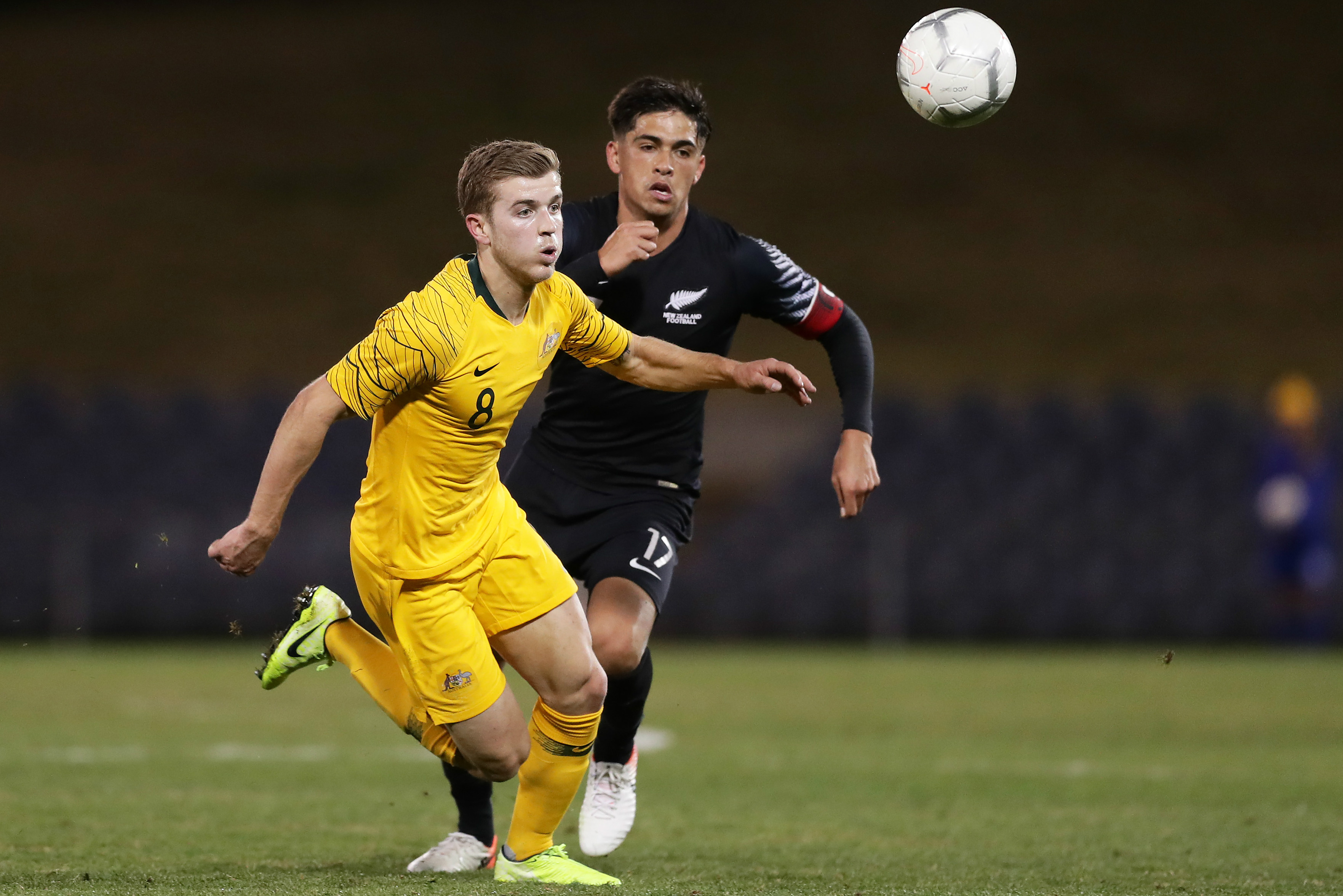 Riley McGree makes a burst through midfield against New Zealand