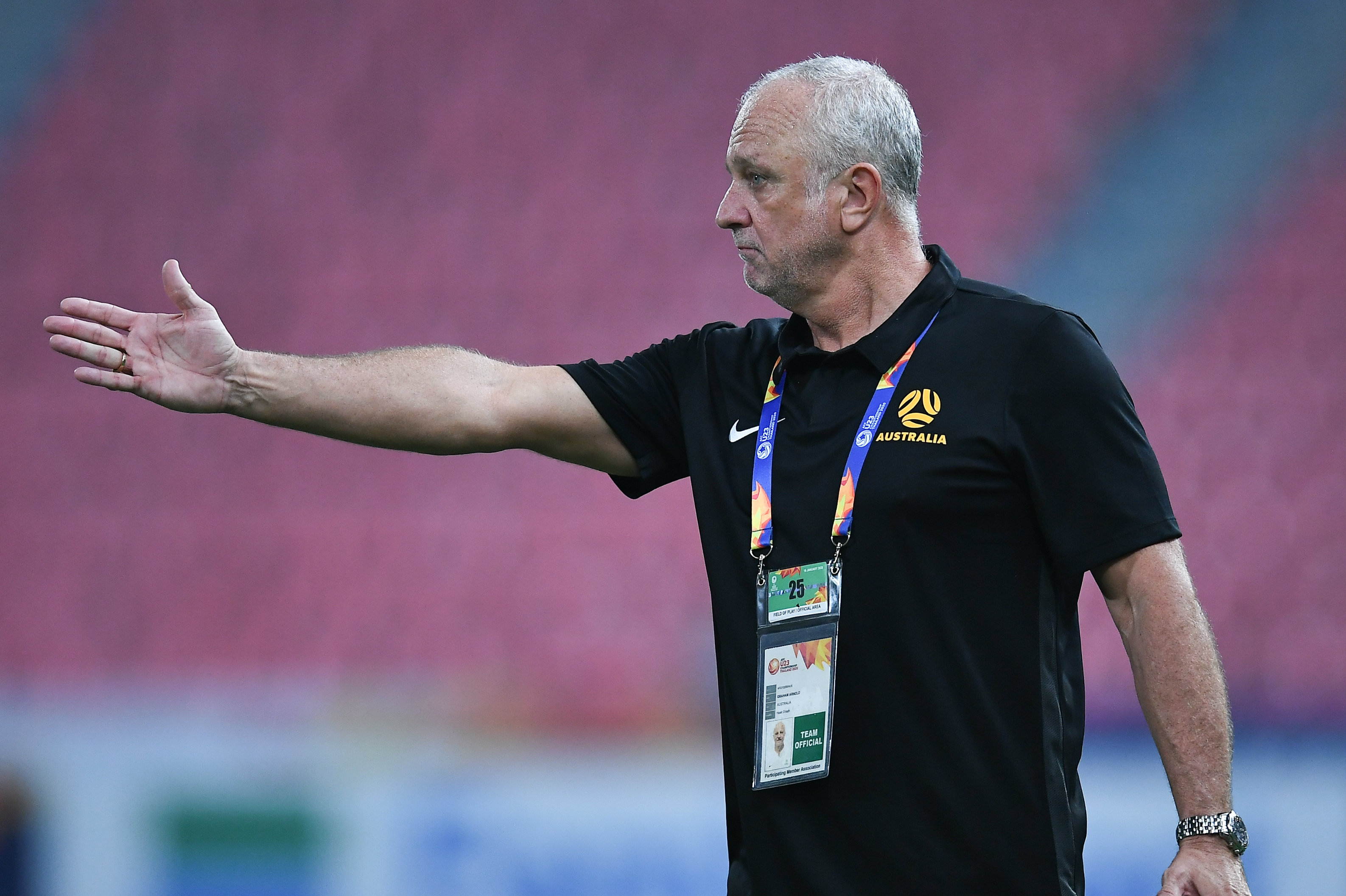 Coach Graham Arnold issues instructions during the win over Syria