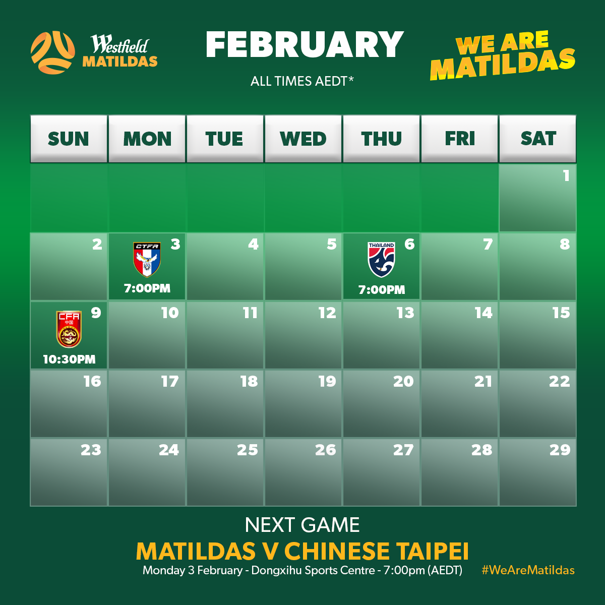 Matildas key 2020 dates graphic