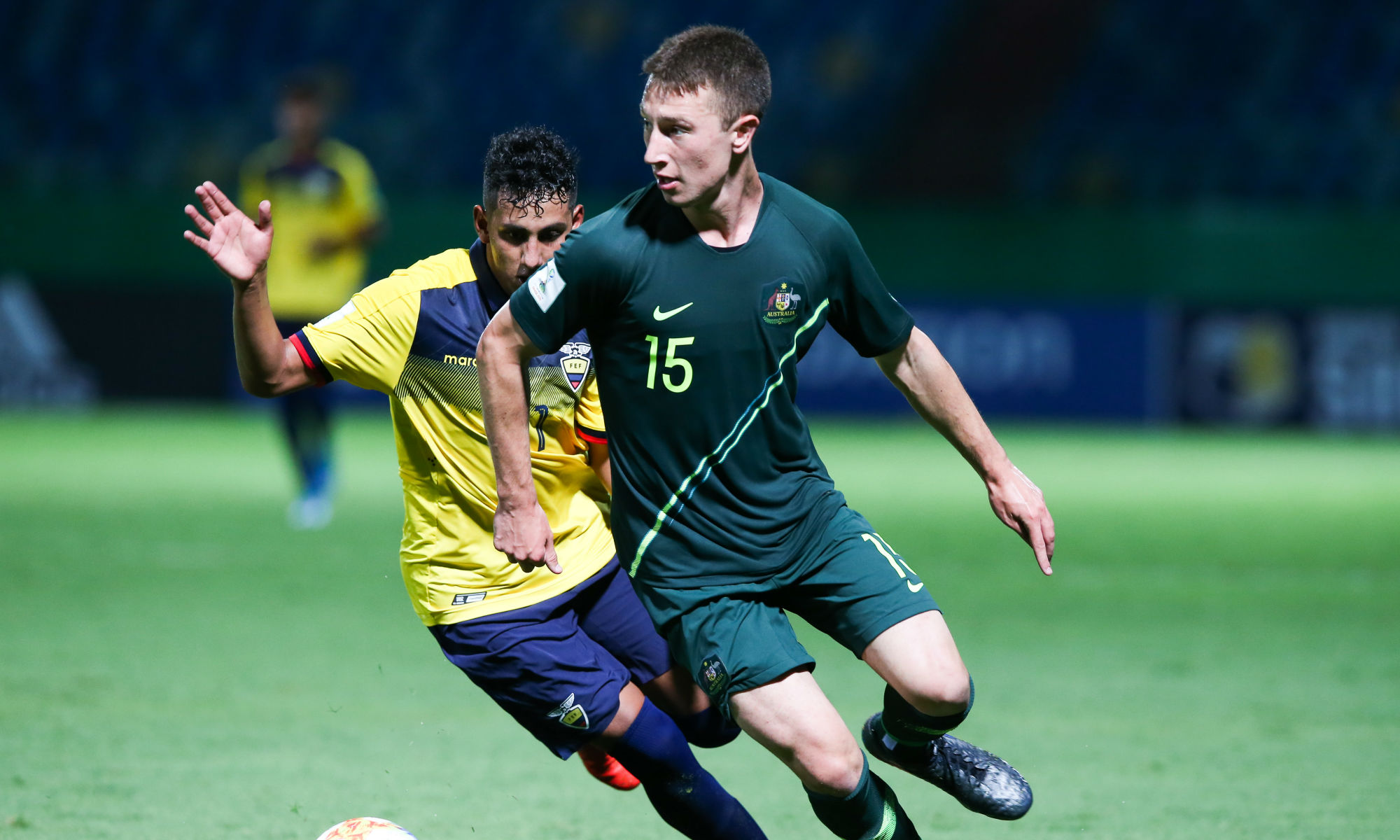 Sydney FC defender Anton Mlinaric on the ball against Ecuador at the FIFA U-17 World Cup
