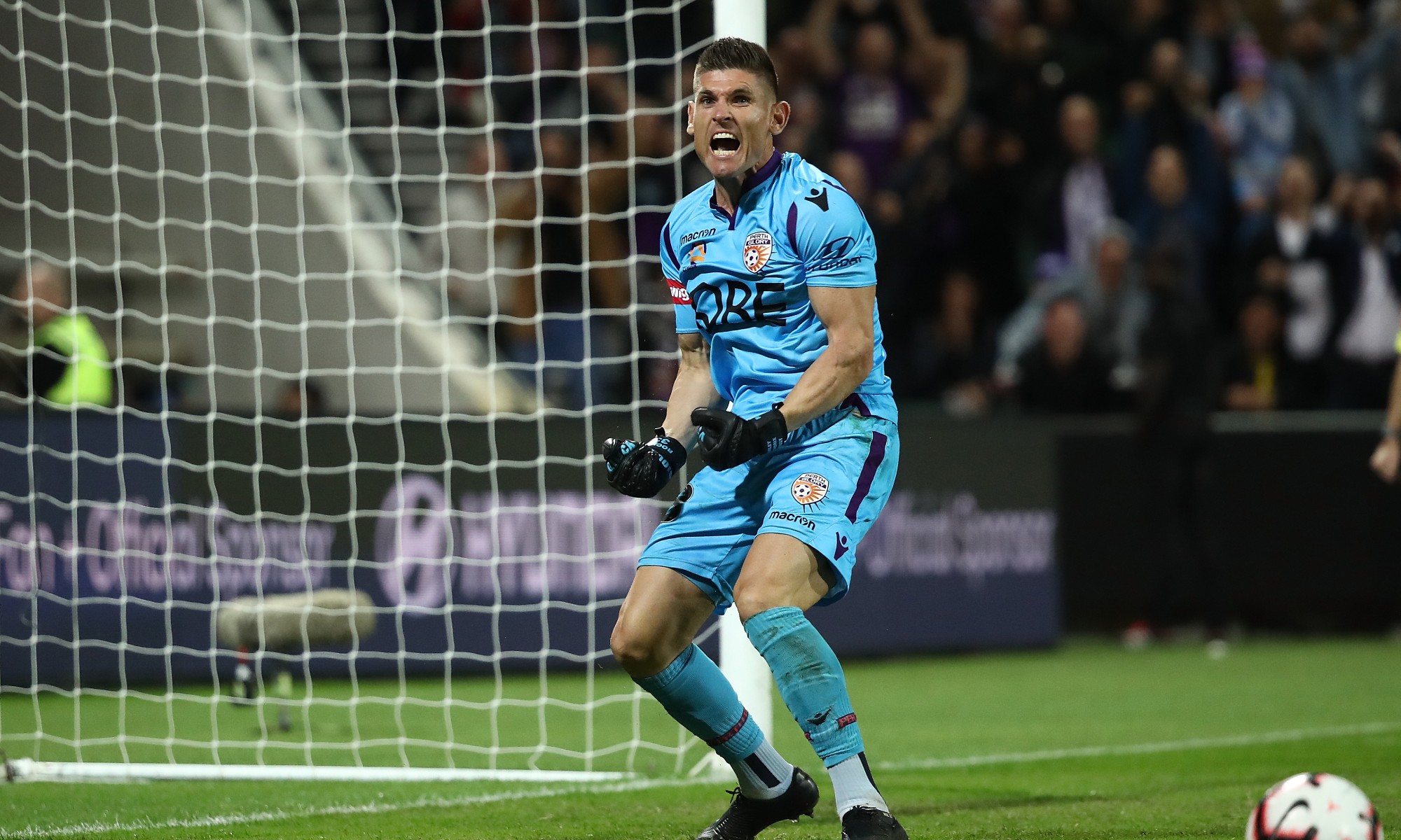 Glory keeper Liam Reddy after making the game-winning save in the 2018/19 Semi Final penalty shootout against Adelaide United