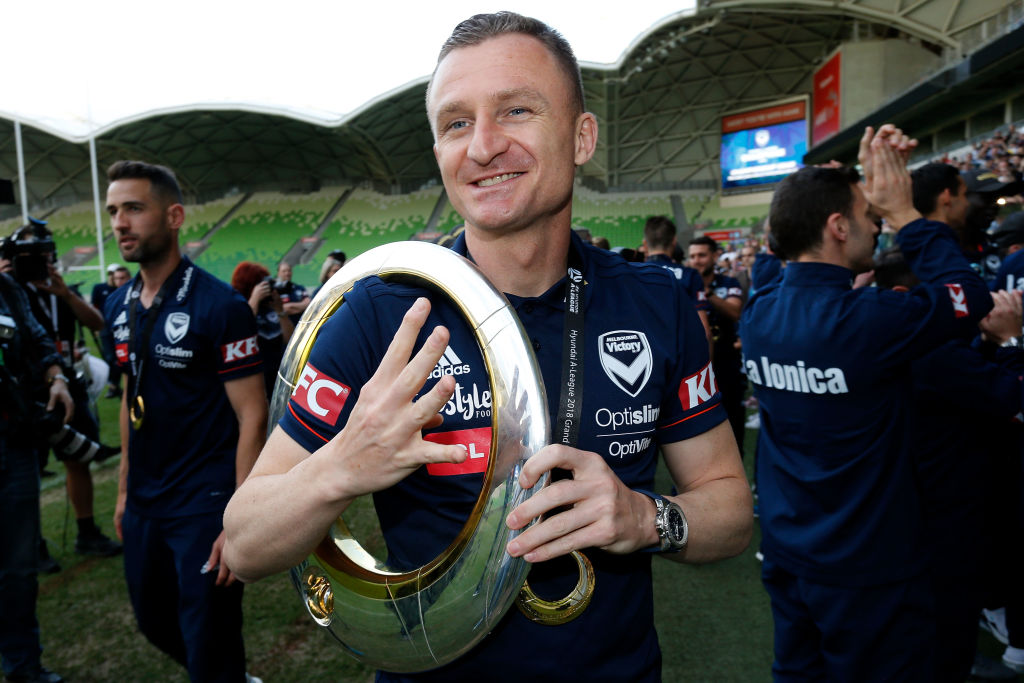 Besart Berisha celebrates his fourth A-League Championship earned with Melbourne Victory in the 2017/18 season