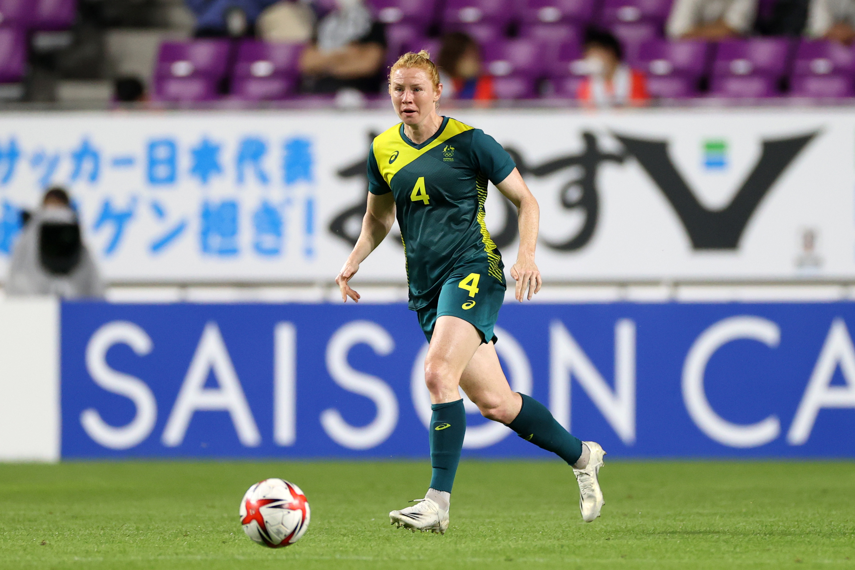 Clare Polkinghorne of Australia in action during the women's international friendly match between Japan and Australia at Sanga Stadium by Kyocera on July 14, 2021 in Kameoka, Kyoto, Japan. (Photo by Masashi Hara/Getty Images)