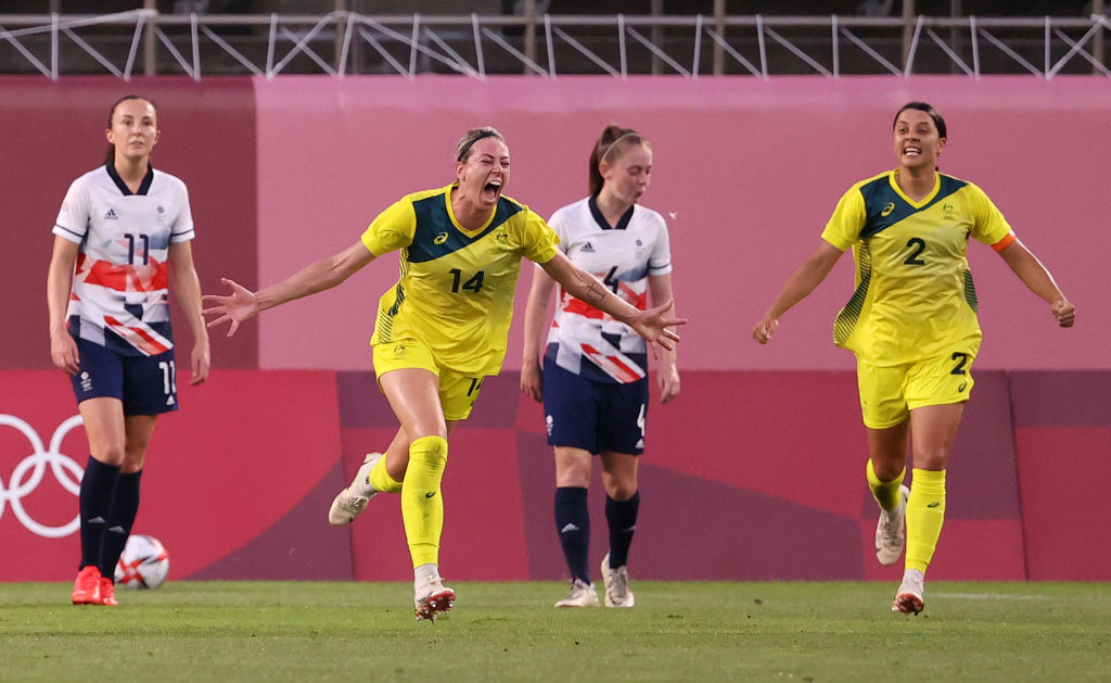 Alanna Kennedy #14 of Team Australia celebrates after scoring their side's first goal during the Women's Quarter Final match between Great Britain and Australia on day seven of the Tokyo 2020 Olympic Games at Kashima Stadium on July 30, 2021 in Kashima, Ibaraki, Japan. (Photo by Atsushi Tomura/Getty Images)