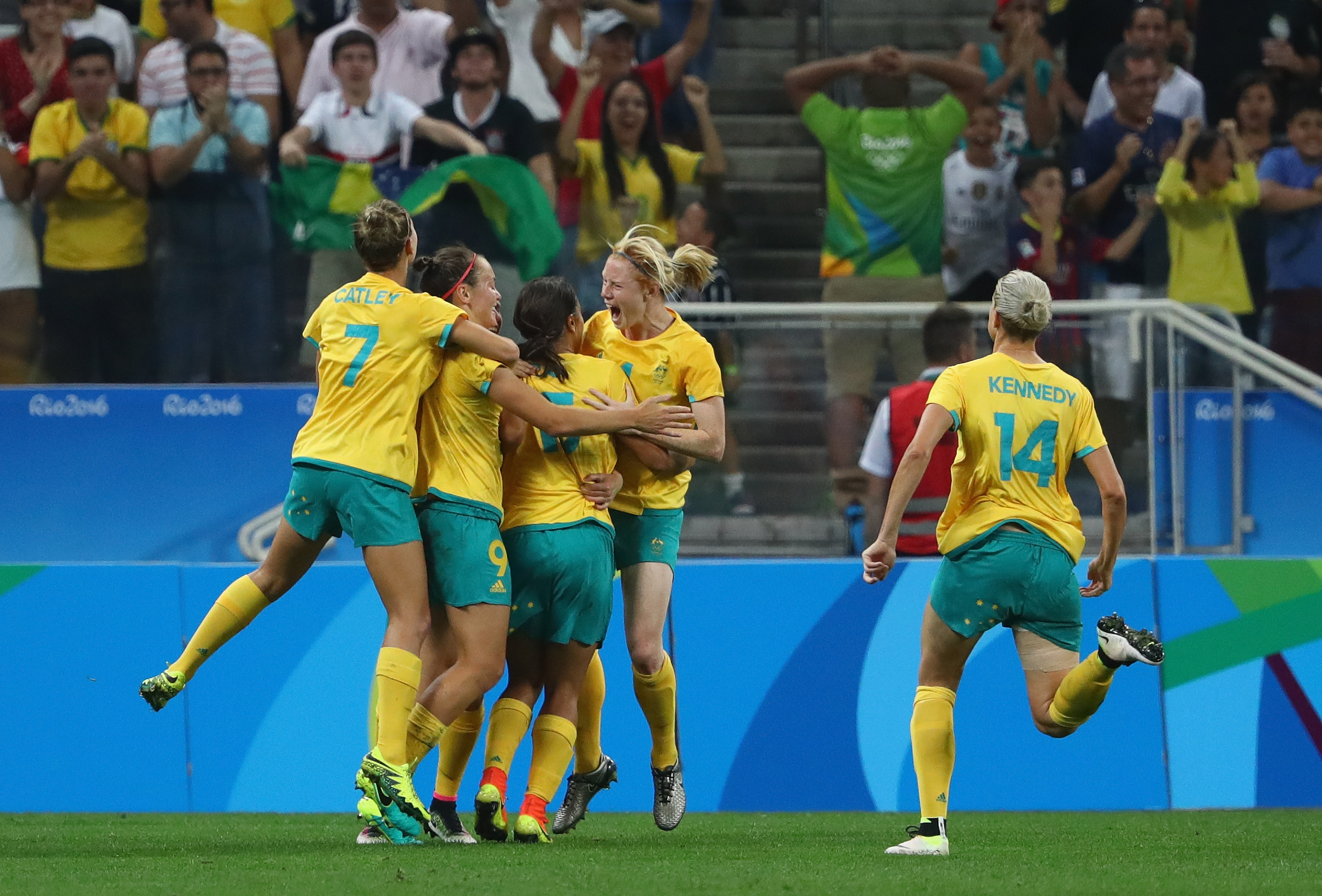 Caitlin Foord of Australia celebrates after scoring a goal during the Women's First Round Group F match between Germany and Australia on Day 1 of the Rio 2016 Olympic Games at Arena Corinthians on August 6, 2016 in Sao Paulo, Brazil. (Photo by Robert Cianflone - FIFA/FIFA via Getty Images)