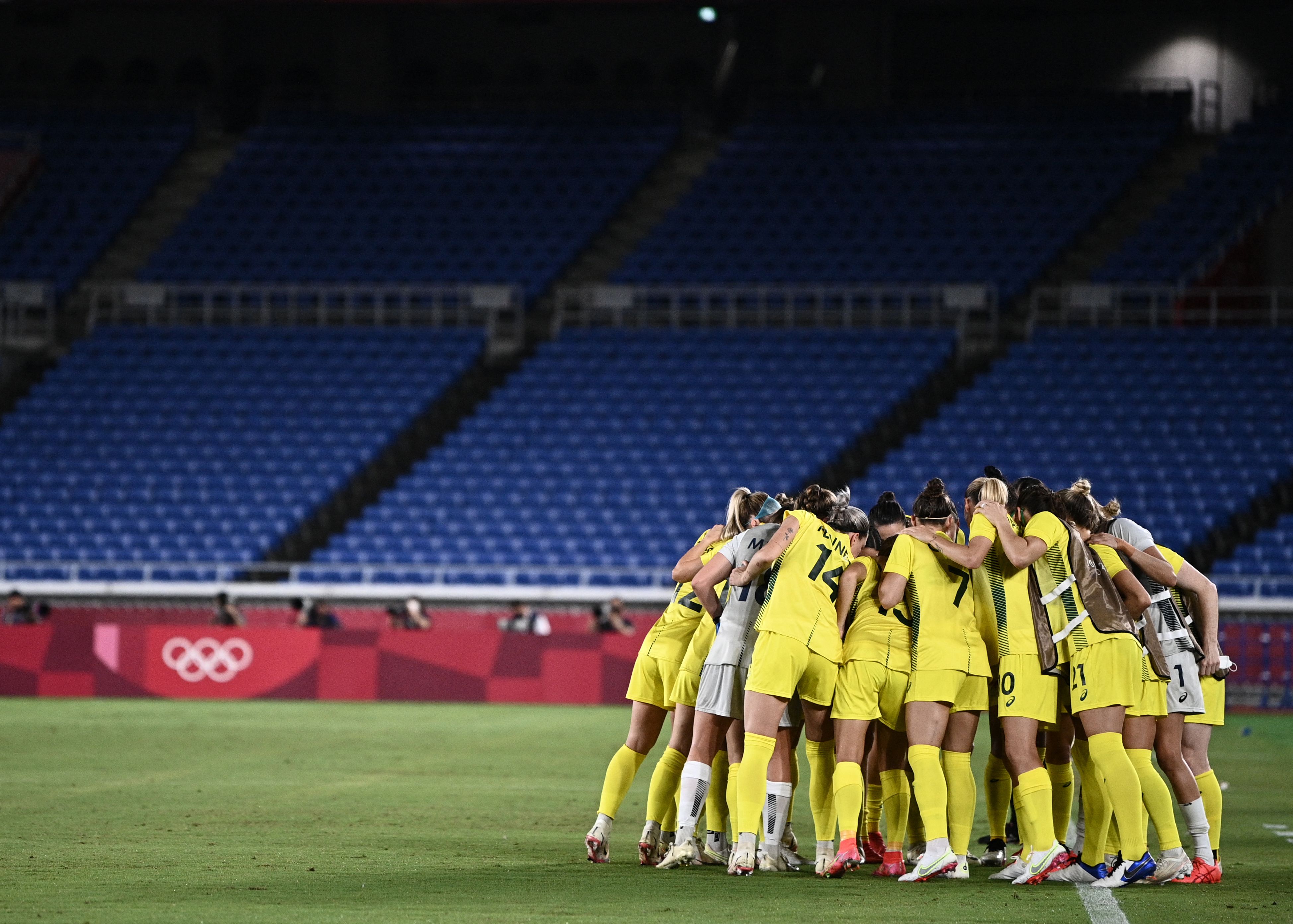 Players of Team Australia line up during the match between Australia and Sweden on day ten of the Tokyo 2020 Olympic Games at International Stadium Yokohama on August 02, 2021 in Yokohama, Kanagawa, Japan. (Photo by Zhizhao Wu/Getty Images)