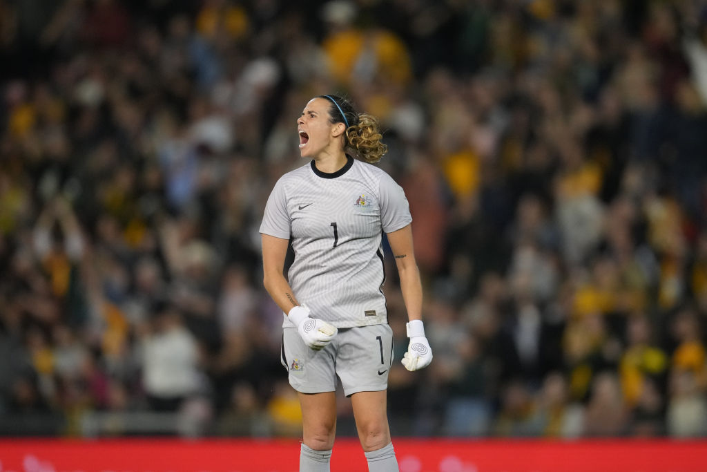 Lydia Williams #1 GK of Australia celebrates a goal during a game between Australia and USWNT at McDonald Jones Stadium on November 30, 2021 in Newcastle, Australia. (Photo by Brad Smith/ISI Photos/Getty Images)