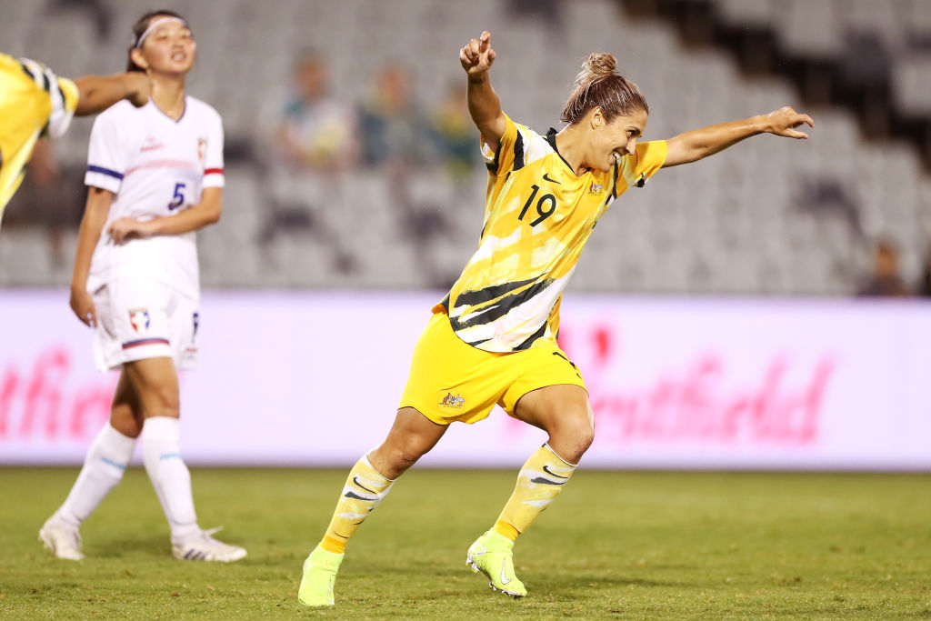 Katrina Gorry of the Matildas celebrates scoring a goal during the Women's Olympic Football Tournament Qualifier match between the Australian Matildas and Chinese Taiepi at Campbelltown Sports Stadium on February 07, 2020 in Sydney, Australia. (Photo by Mark Kolbe/Getty Images)