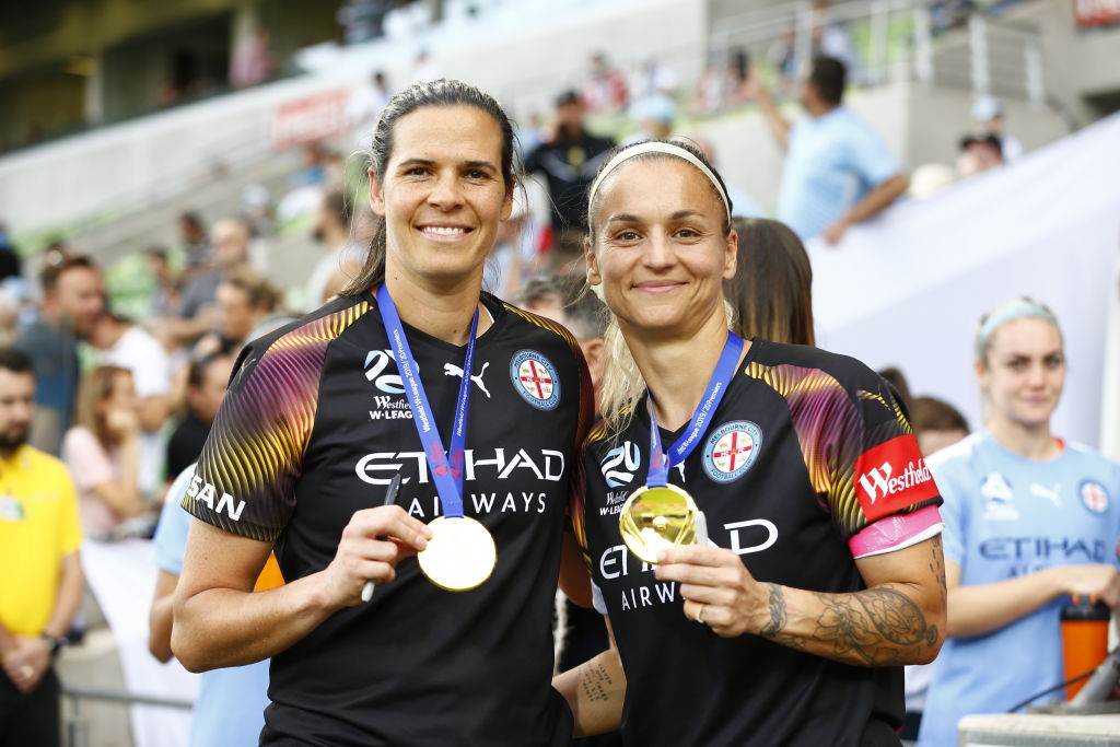 Melbourne City goalkeeper Lydia Williams and Melbourne City goalkeeper Melissa Barbieri pose with their premiers medals after winning the round 14 W-League match between Melbourne City and the Brisbane Roar at AAMI Park on March 01, 2020 in Melbourne, Australia. (Photo by Daniel Pockett/Getty Images)