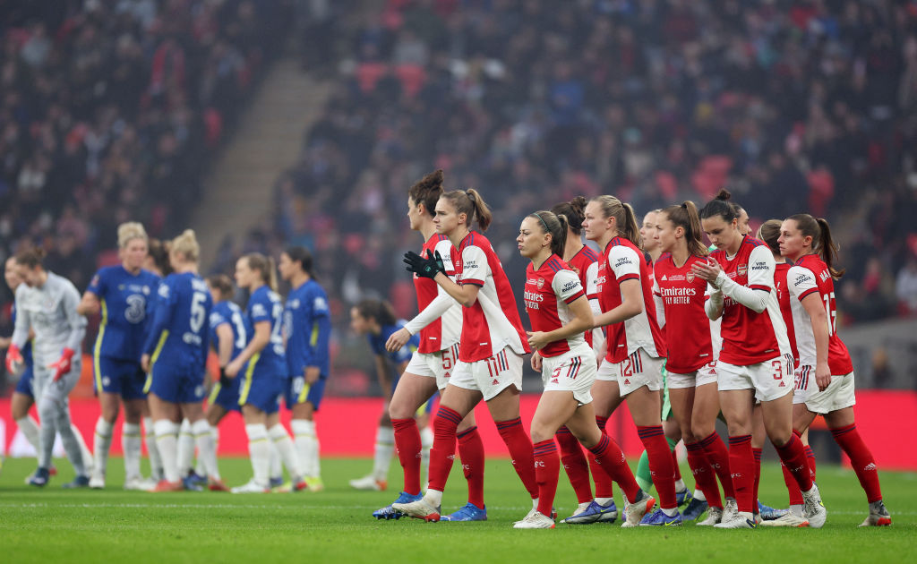Arsenal players exit a huddle on the pitch prior to the Vitality Women's FA Cup Final between Arsenal FC and Chelsea FC at Wembley Stadium on December 05, 2021 in London, England. (Photo by Richard Heathcote/Getty Images)