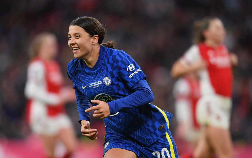  Sam Kerr of Chelsea celebrates after scoring their team's third goal during the Vitality Women's FA Cup Final between Arsenal FC and Chelsea FC at Wembley Stadium on December 05, 2021 in London, England. (Photo by Tom Dulat - The FA/The FA via Getty Images)