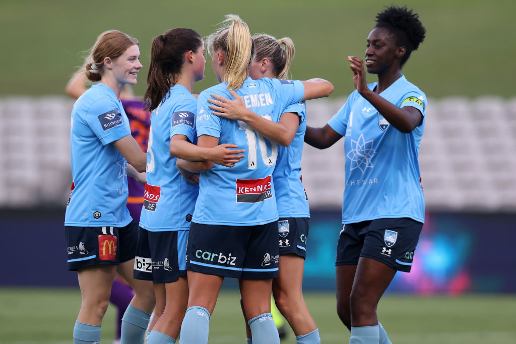 Sydney FC celebrate a goal during the round six A-League Women's match between Sydney FC and Perth Glory at Netstrata Jubilee Stadium, on January 08, 2022, in Sydney, Australia. (Photo by Scott Gardiner/Getty Images)