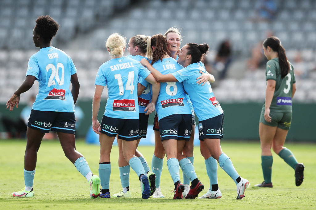 Rachel Lowe of Sydney FC celebrates with team mates after scoring a goal during the round eight A-League Women's match between Sydney FC and Melbourne City at Netstrata Jubilee Stadium, on January 22, 2022, in Sydney, Australia. (Photo by Matt King/Getty Images)