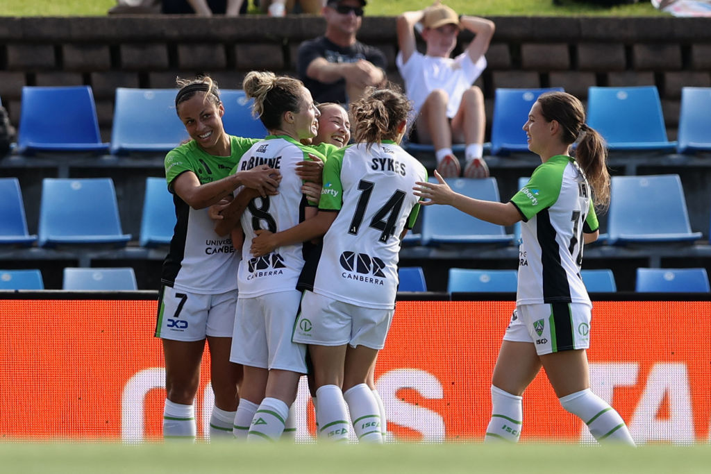 Allira Toby of Canberra United celebrates her goal with team mates during the A-League Women's round nine match between Newcastle Jets and Canberra United at McDonald Jones Stadium, on January 30, 2022, in Newcastle, Australia. (Photo by Ashley Feder/Getty Images)