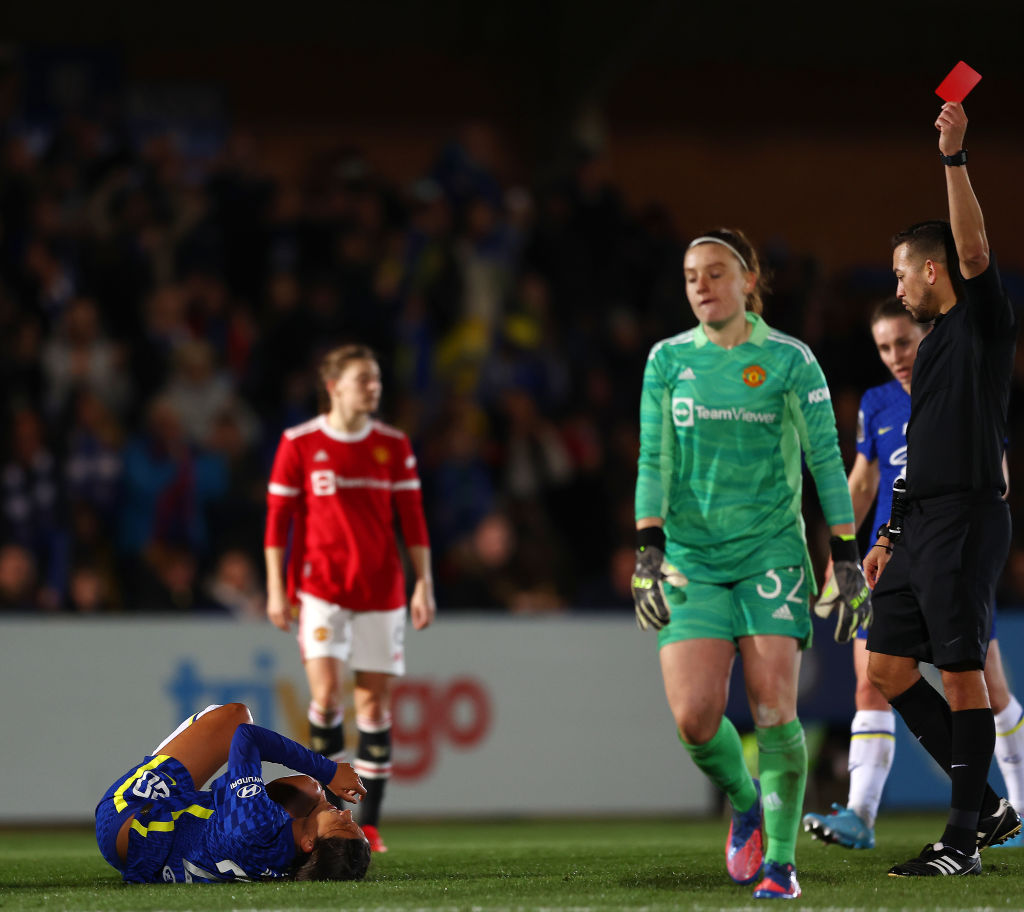 Manchester United goal keeper Sophie Baggaley was sent off after clashing with Samantha Kerr of Chelsea Women during The FA Women's Continental Tyres League Cup Semi Final (Photo: Getty Images)