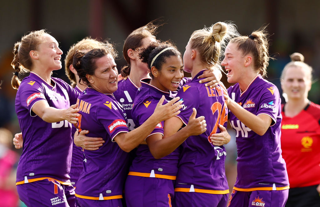 Cyera Hintzen of Perth celebrates scoring a goal with team mates during the round 10 A-League Women's match between Canberra United and Perth Glory at Viking Park (Photo: GettyImages)
