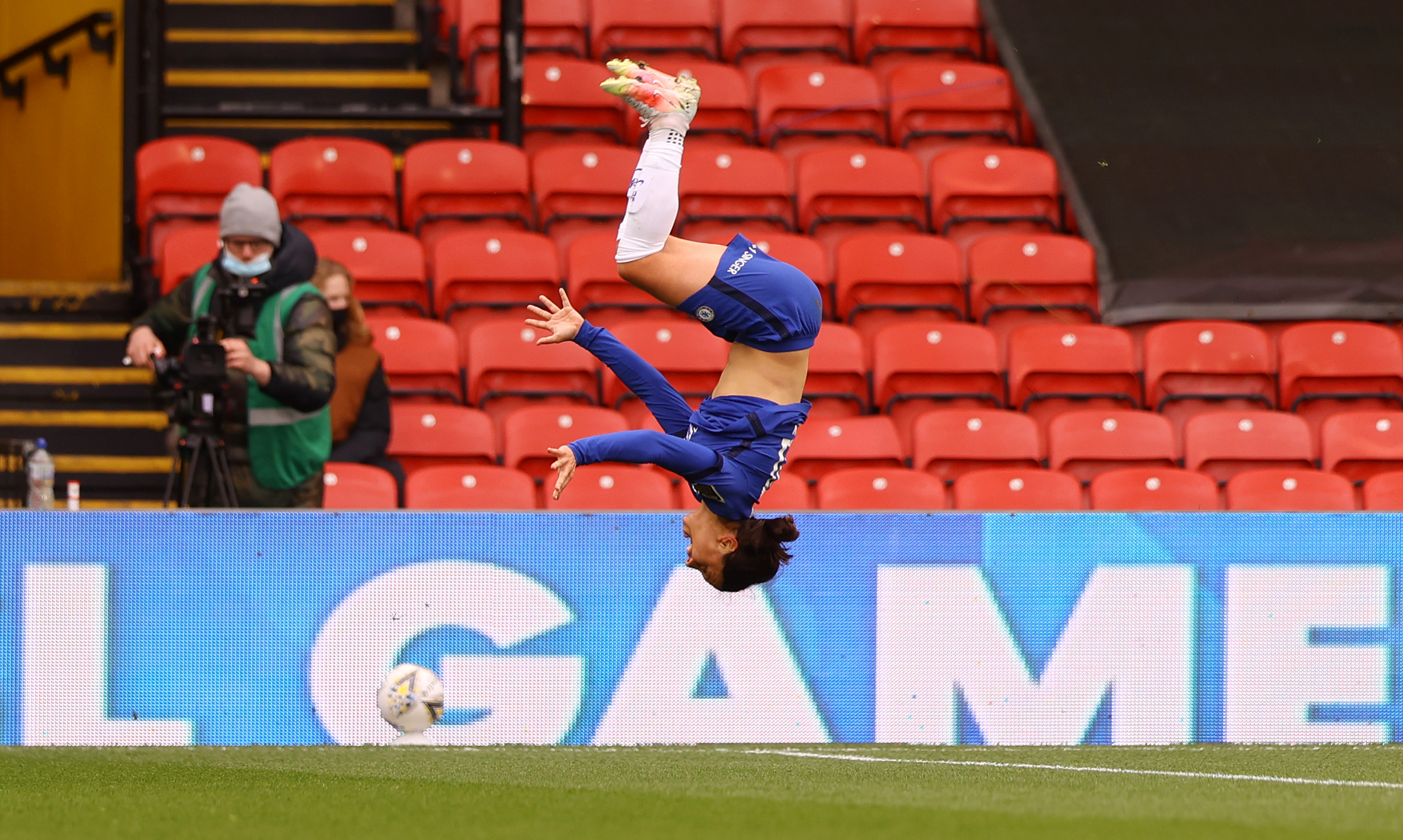  Sam Kerr of Chelsea celebrates after scoring their side's second goal during the FA Women's Continental Tyres League Cup Final match between Bristol City Women and Chelsea Women at Vicarage Road on March 14, 2021 in Watford, England. Sporting stadiums around the UK remain under strict restrictions due to the Coronavirus Pandemic as Government social distancing laws prohibit fans inside venues resulting in games being played behind closed doors. (Photo by Naomi Baker/Getty Images)