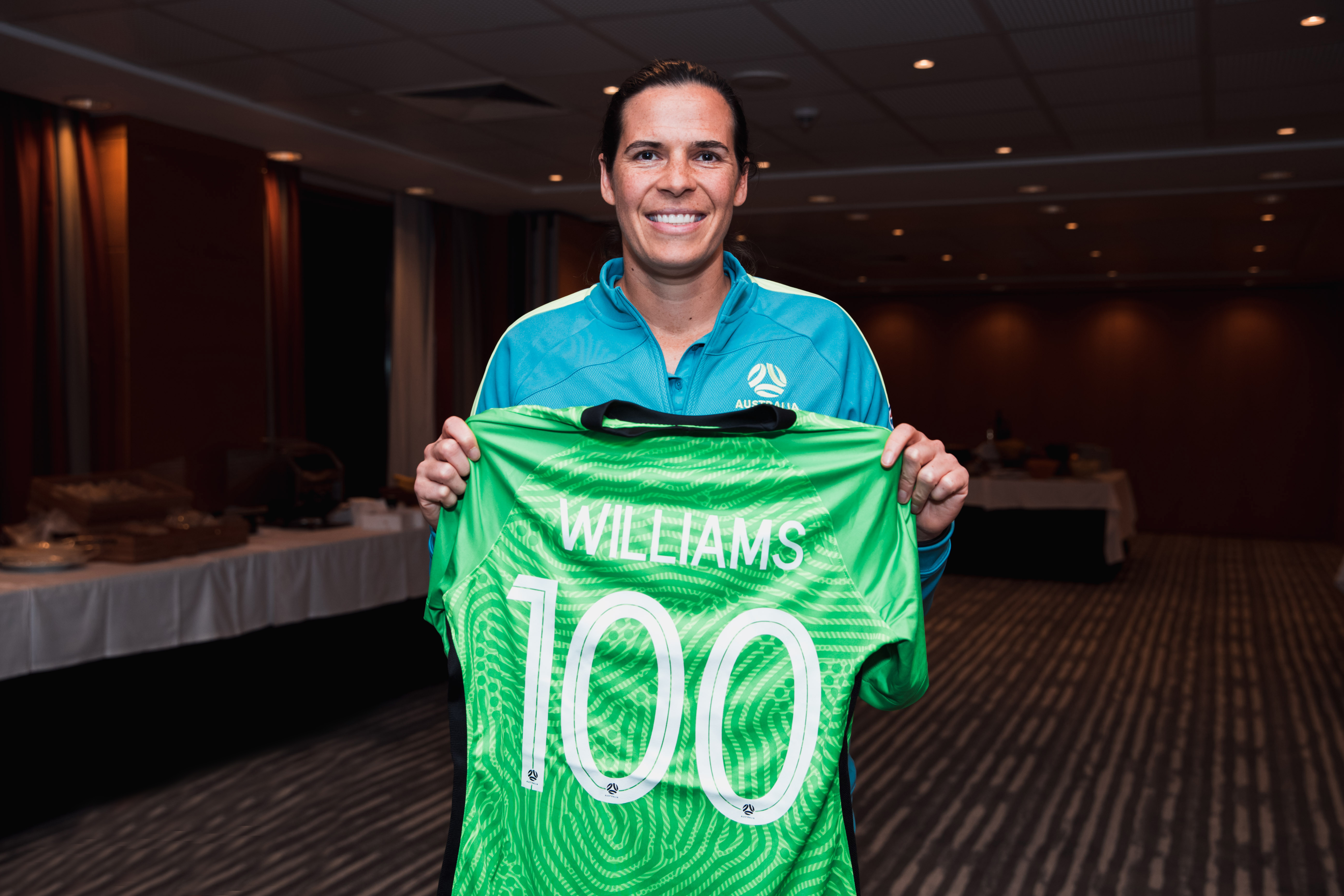 Lydia Williams presented with her 100 cap jersey (Photo: Ann Odong / Football Australia)