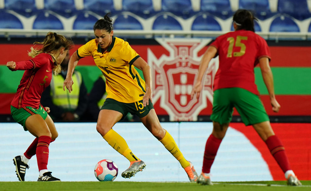Emily Gielnik of Australia in action during the Women's International Friendly match between Portugal and Australia at Estadio Antonio Coimbra da Mota on June 28, 2022 in Estoril, Portugal. (Photo by Gualter Fatia/Getty Images)