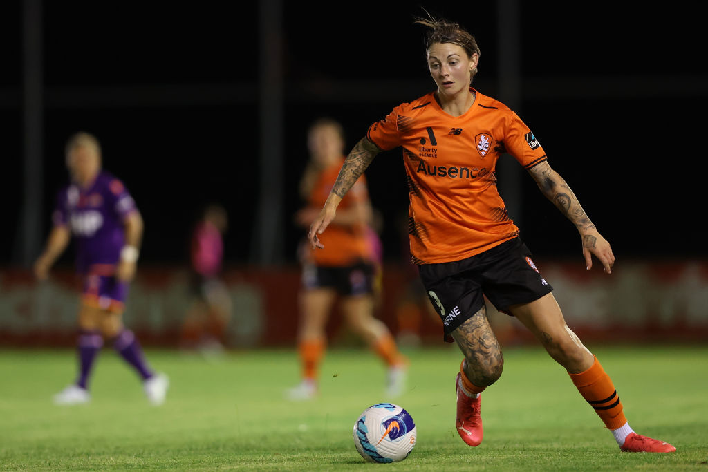Larissa Crummer of the Roar in action during the round one A-League Women match between Perth Glory and Brisbane Roar at Macedonia Park, on December 04, 2021, in Perth, Australia. (Photo by Paul Kane/Getty Images)