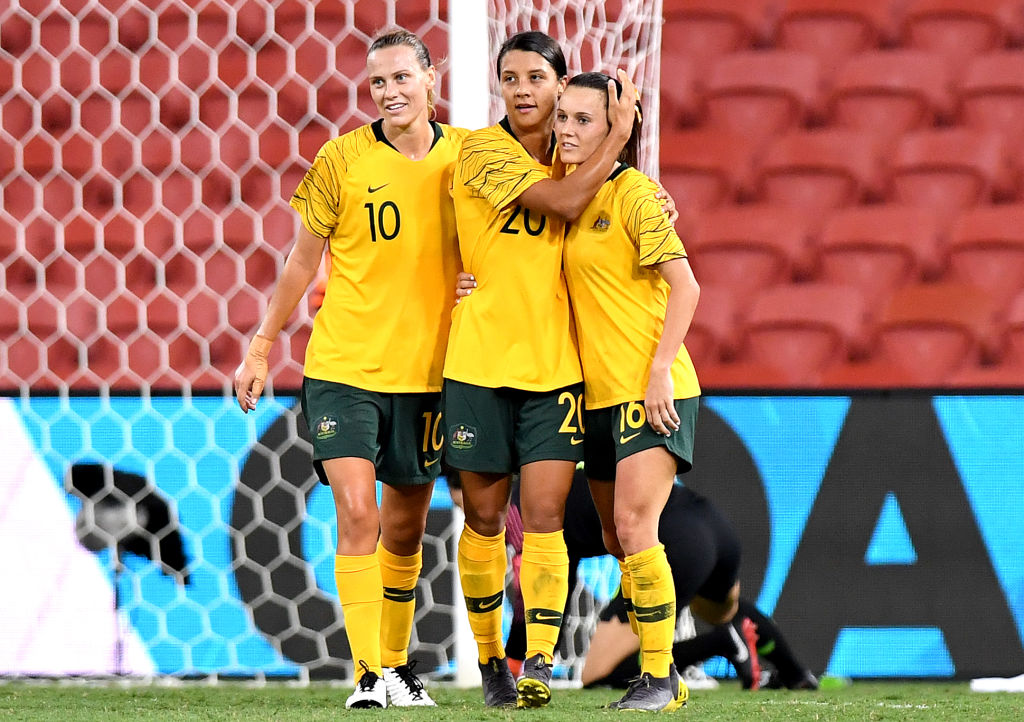 Sam Kerr of Australia celebrates with team mates after scoring a goal during the 2019 Cup of Nations match between Australia and the Korea Republic at Suncorp Stadium on March 03, 2019 in Brisbane, Australia. (Photo by Bradley Kanaris/Getty Images)