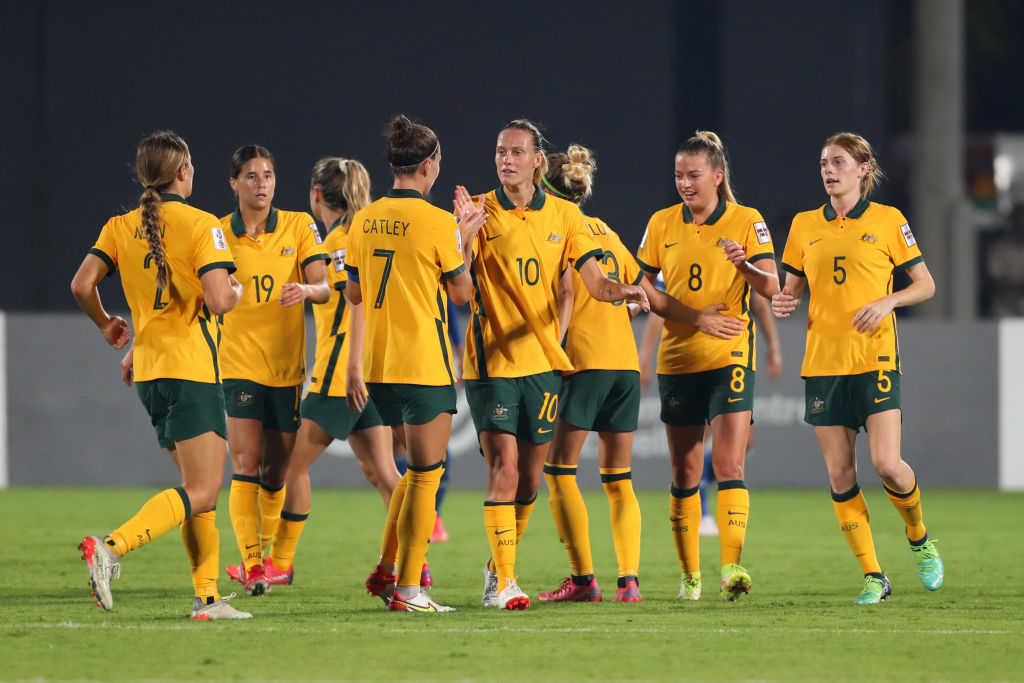 Emily van Egmond (4th R) of Australia celebrates scoring her side's first goal with her team mates during the AFC Women's Asian Cup Group B match between Australia and Thailand at Mumbai Football Arena on January 27, 2022 in Mumbai, India. (Photo by Thananuwat Srirasant/Getty Images)
