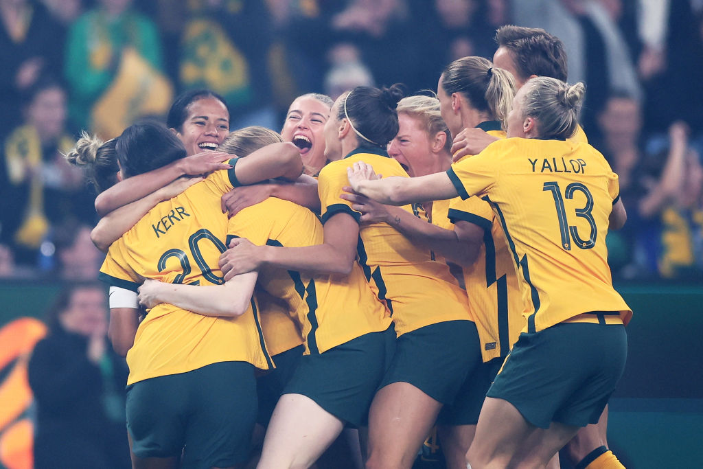  Mary Fowler of the Matildas celebrates with team mates after scoring a goal during the International Friendly Match between the Australia Matildas and Canada at Allianz Stadium on September 06, 2022 in Sydney, Australia. (Photo by Matt King/Getty Images)