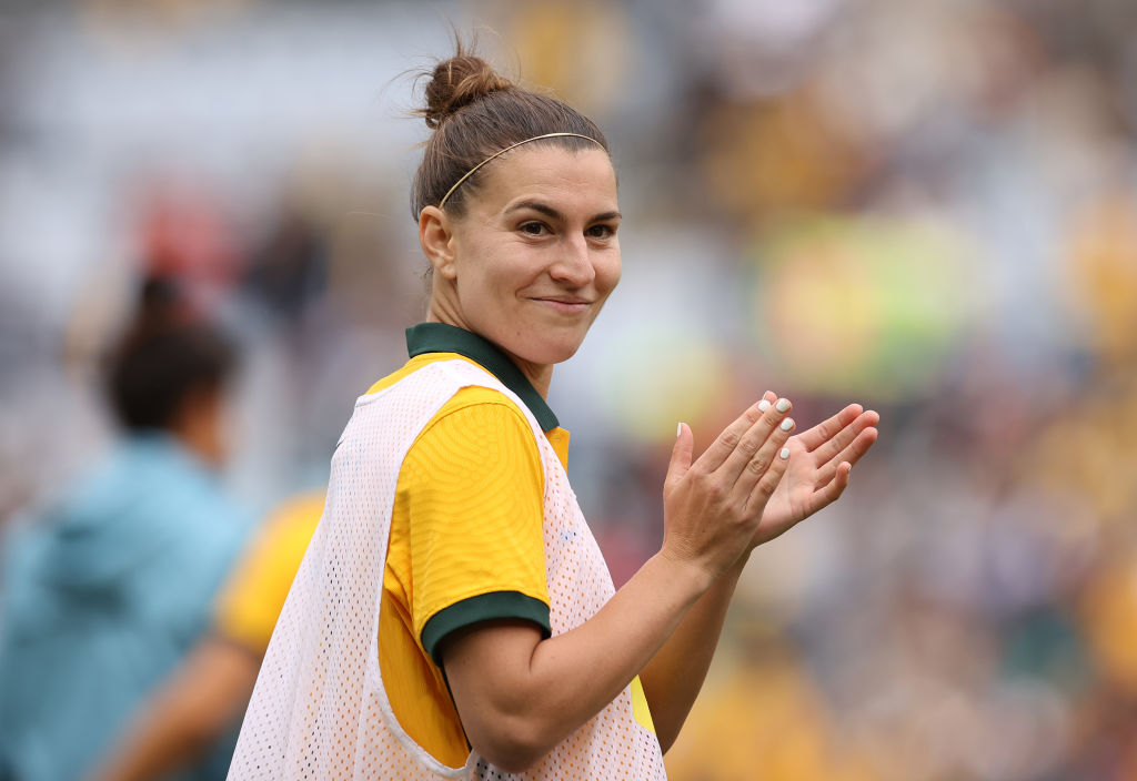 Steph Catley of the Matildas acknowledges the fans after game one of the series International Friendly series between the Australia Matildas and the United States of America Women's National Team at Stadium Australia on November 27, 2021 in Sydney, Australia. (Photo by Mark Kolbe/Getty Images)