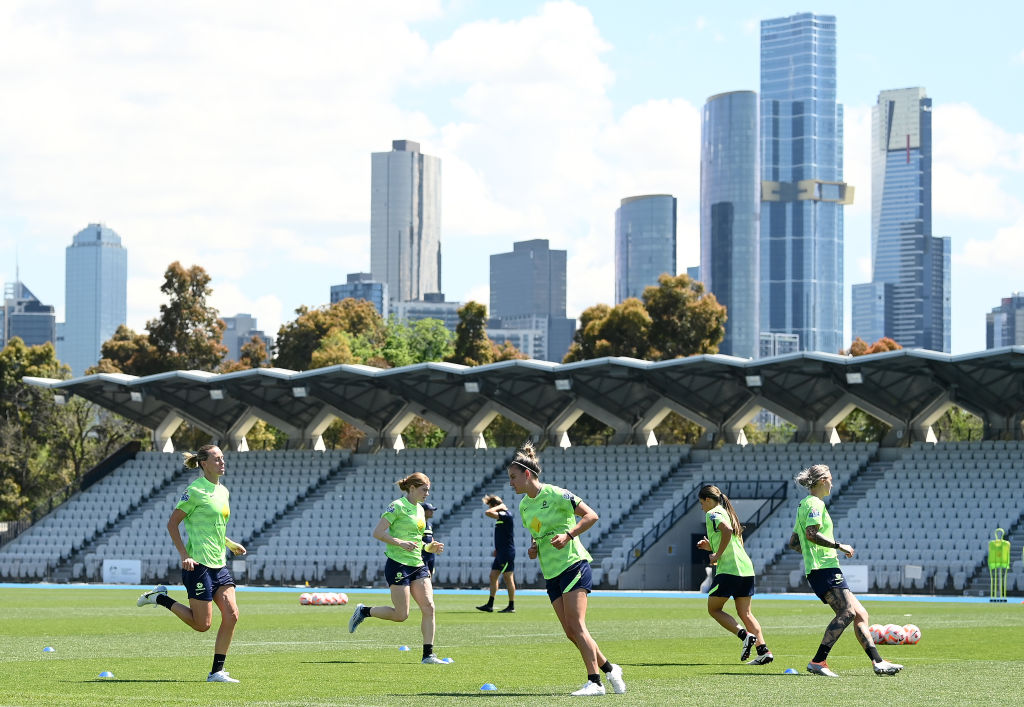 The Matildas warm up during an Australia Matildas training Session at Lakeside Stadium on November 07, 2022 in Melbourne, Australia. (Photo by Quinn Rooney/Getty Images)
