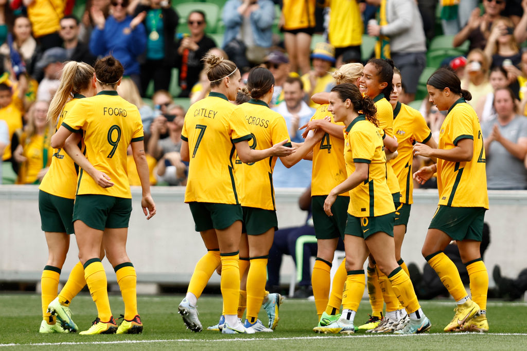 Mary Fowler of the Matildas celebrates a goal during the International friendly match between the Australia Matildas and Sweden at AAMI Park on November 12, 2022 in Melbourne, Australia. (Photo by Darrian Traynor/Getty Images)
