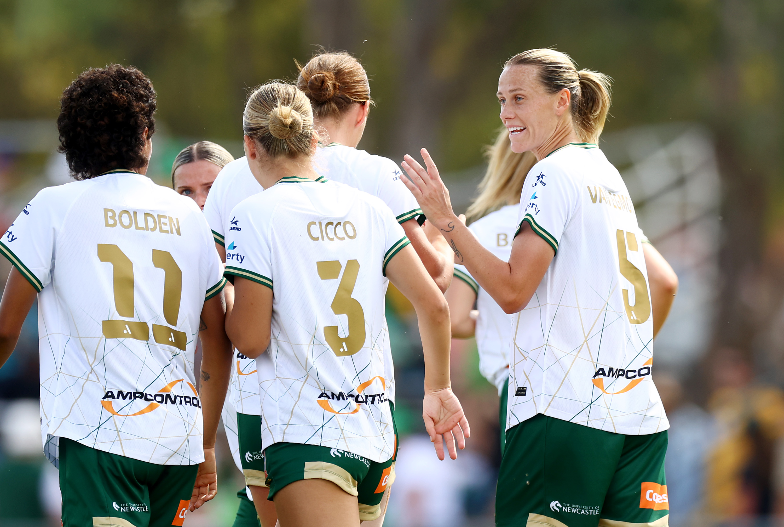 Emily van Egmond of the Jets celebrates scoring a goal with team mates during the A-League Women round six match between Canberra United and Newcastle Jets at McKellar Park, on November 26, 2023, in Canberra, Australia. (Photo by Mark Nolan/Getty Images)