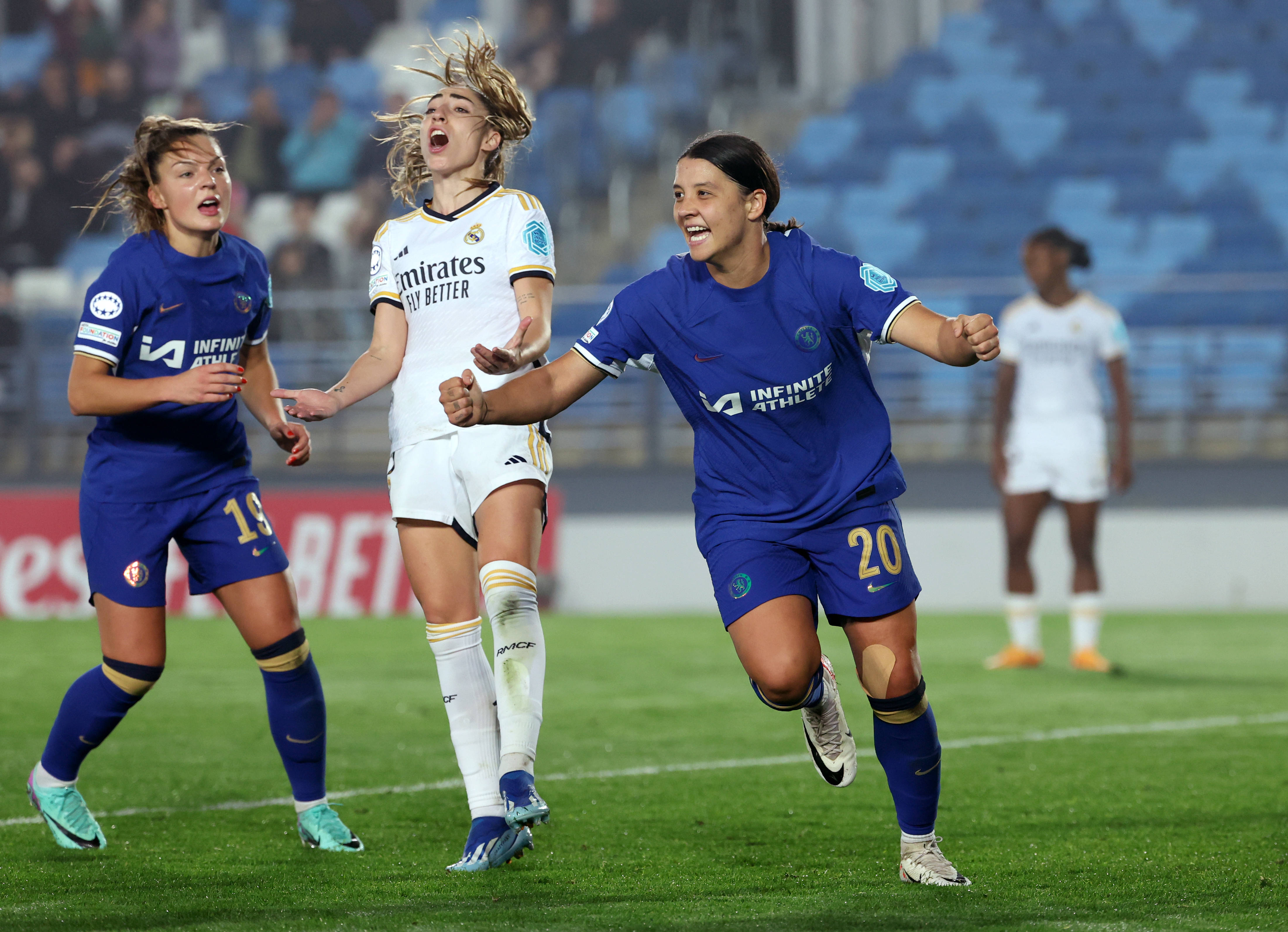 Sam Kerr celebrates scoring their side s second goal of the game during the UEFA Women s Champions League Group D match at the Estadio Alfredo Di Stefano in Madrid, Spain.
