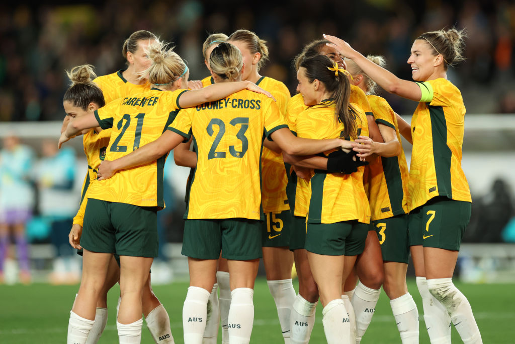 Matildas celebrate a goal during the International Friendly match between the Australia Matildas and France at Marvel Stadium on July 14, 2023 in Melbourne, Australia. (Photo by Mackenzie Sweetnam/Getty Images)