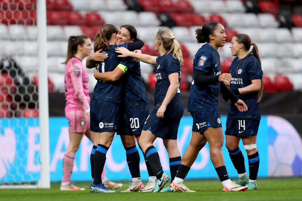 Sam Kerr of Chelsea celebrates with teammates after scoring their team's third goal during the Barclays Women's Super League match between Bristol City and Chelsea FC at Ashton Gate Stadium on December 17, 2023 in Bristol, England. (Photo by Ryan Hiscott/Getty Images)