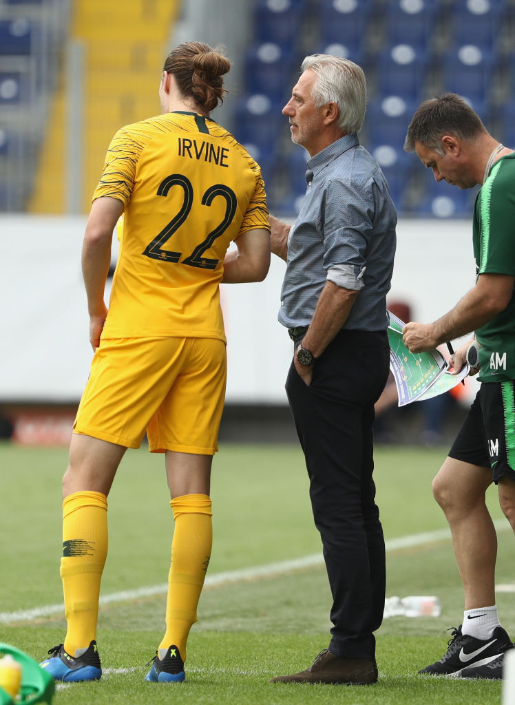 Bert van Marwijk talks to Jackson Irvine