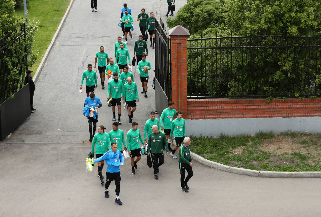 Caltex Socceroos players walk from the hotel to the training stadium
