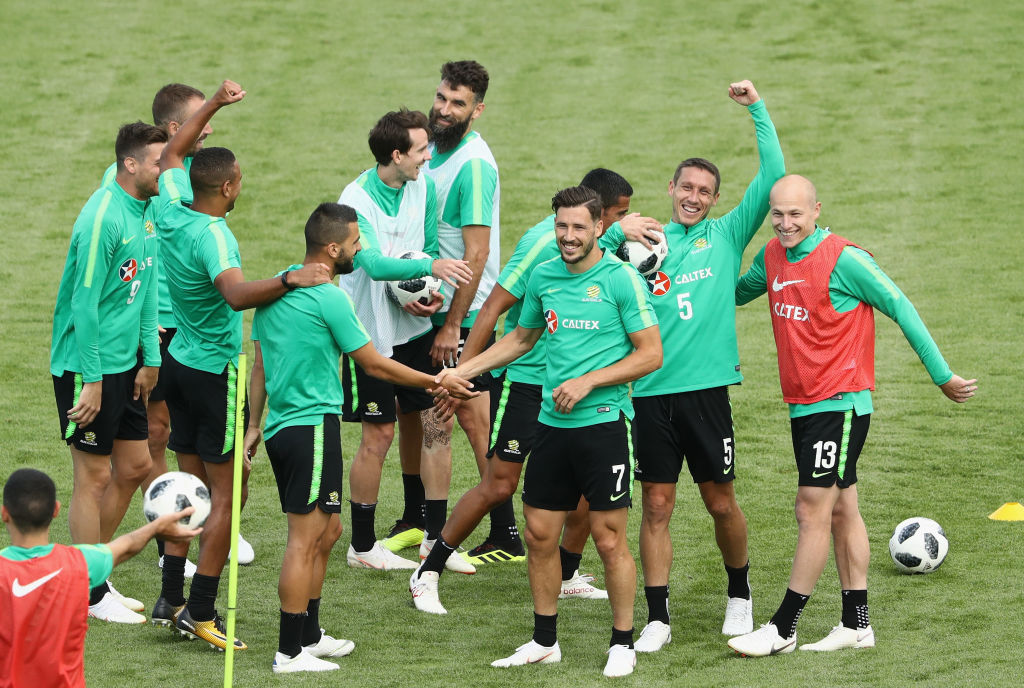 Socceroos have fun during a Kazan training session