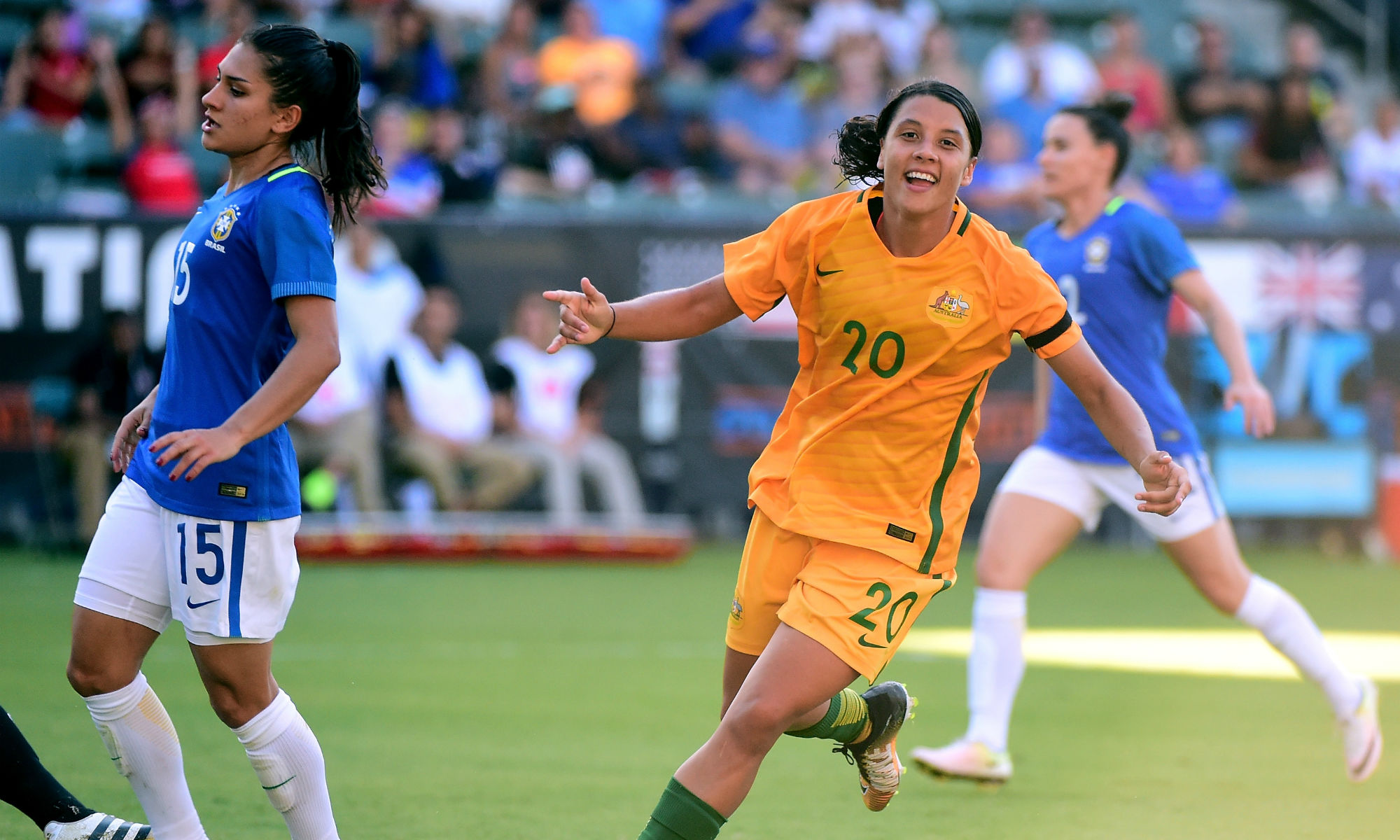 Sam Kerr puts the Matildas 3-1 up against Brazil in the 2018 Tournament of Nations