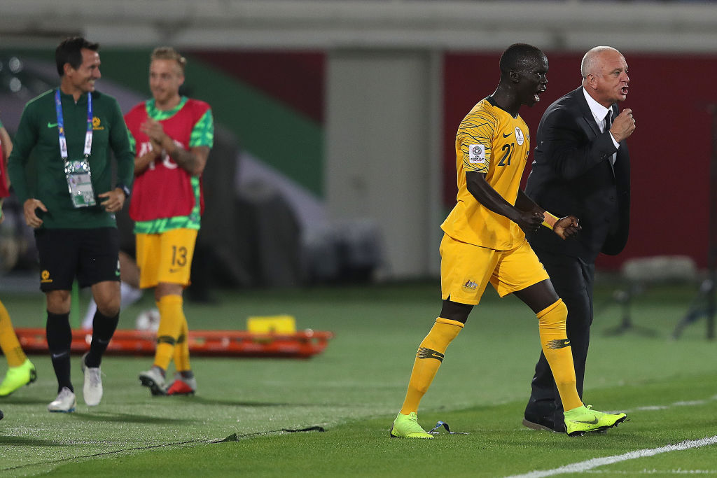 Awer Mabil and Graham Arnold celebrate Mabil goal v Syria, Asian Cup 2019
