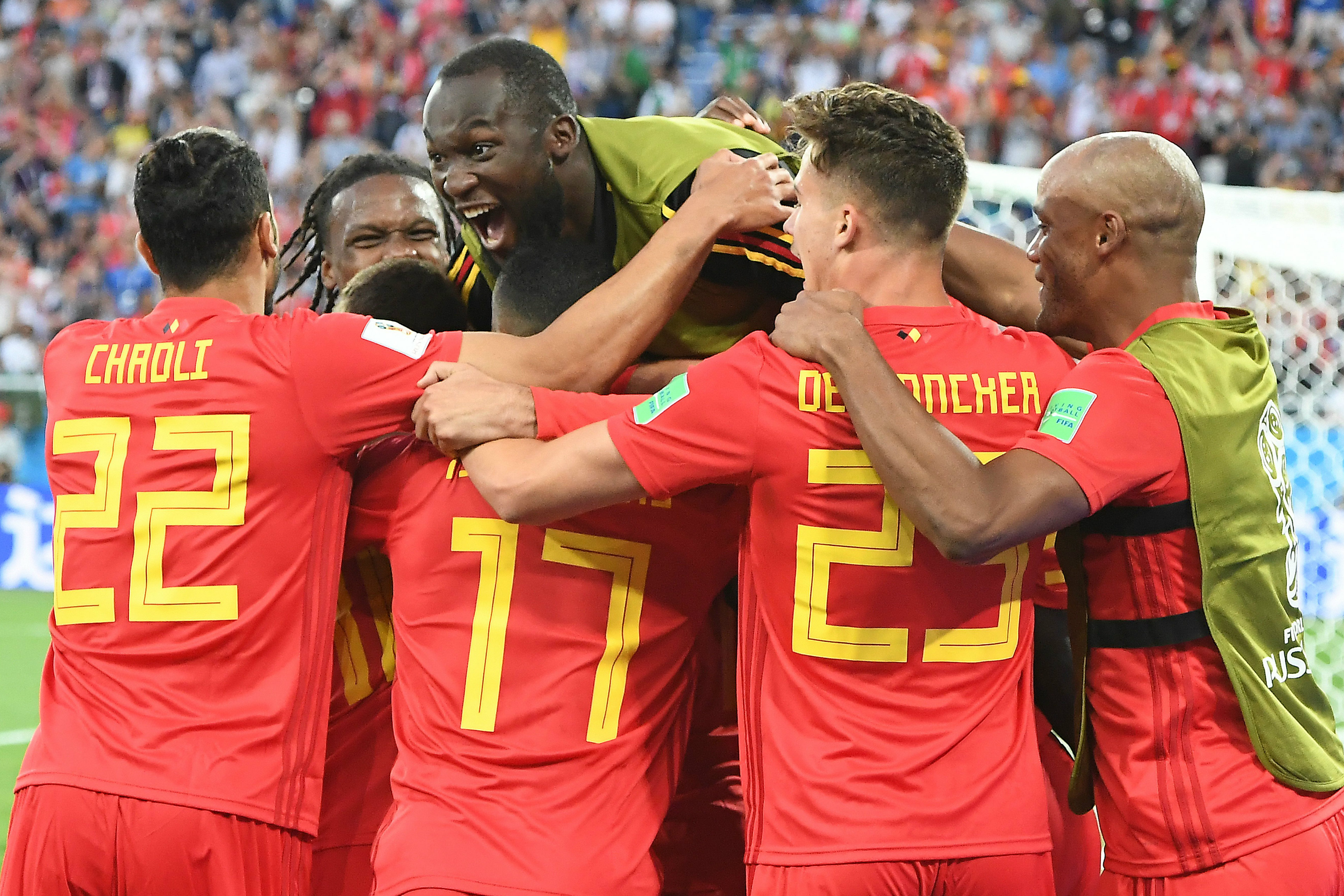 Belgium players celebrate Adnan Januzaj's goal.
