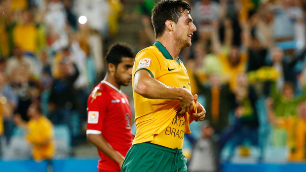 Socceroos striker Tomi Juric celebrates after scoring against Oman at the 2015 Asian Cup.