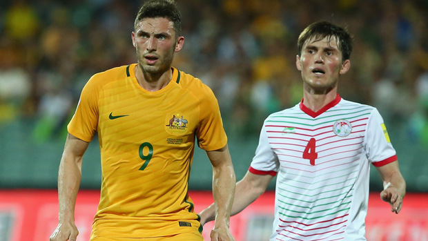 Apostolos Giannou in action for the Socceroos against Tajikistan.