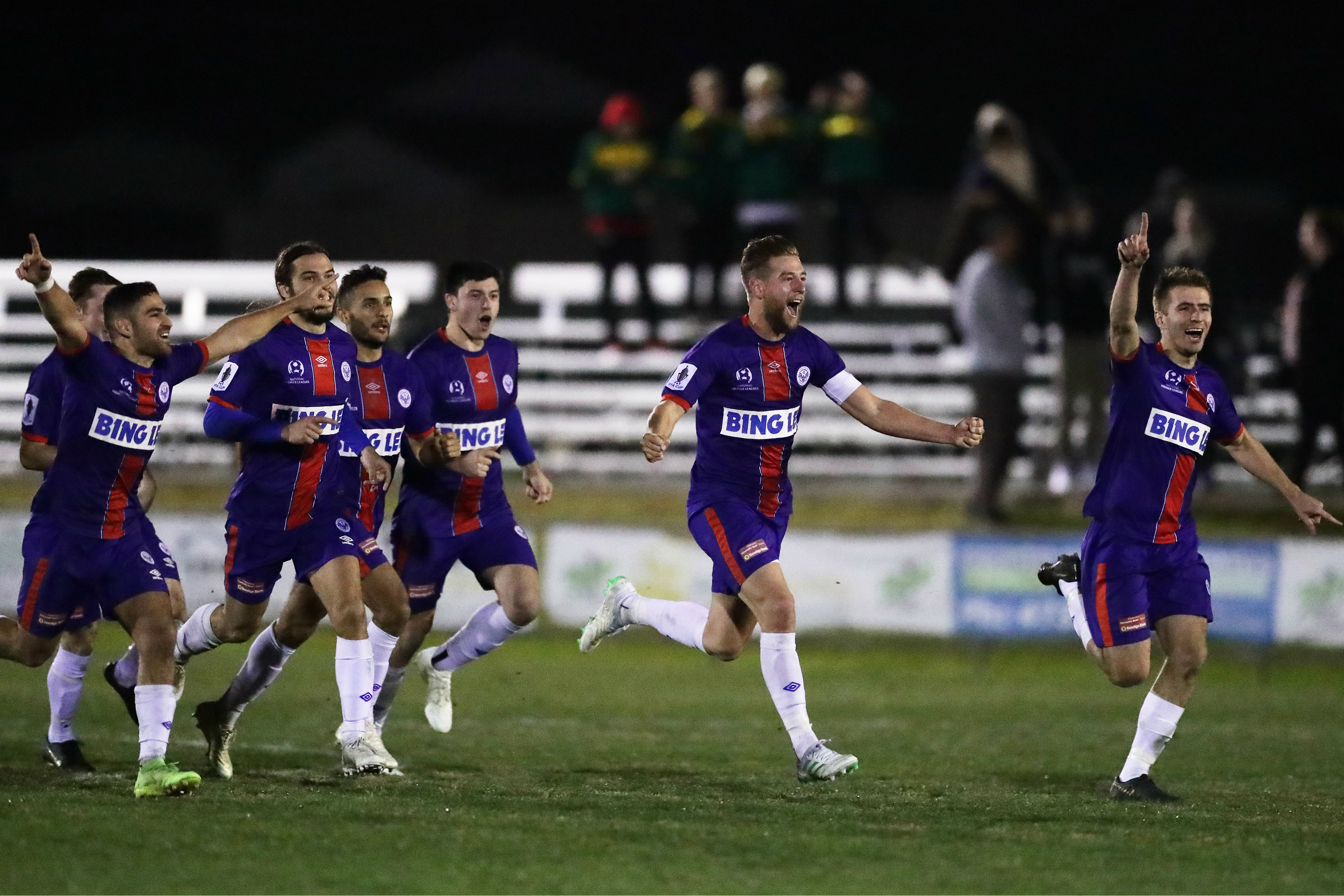 Manly United players race to celebrate after their epic penalty shootout victory
