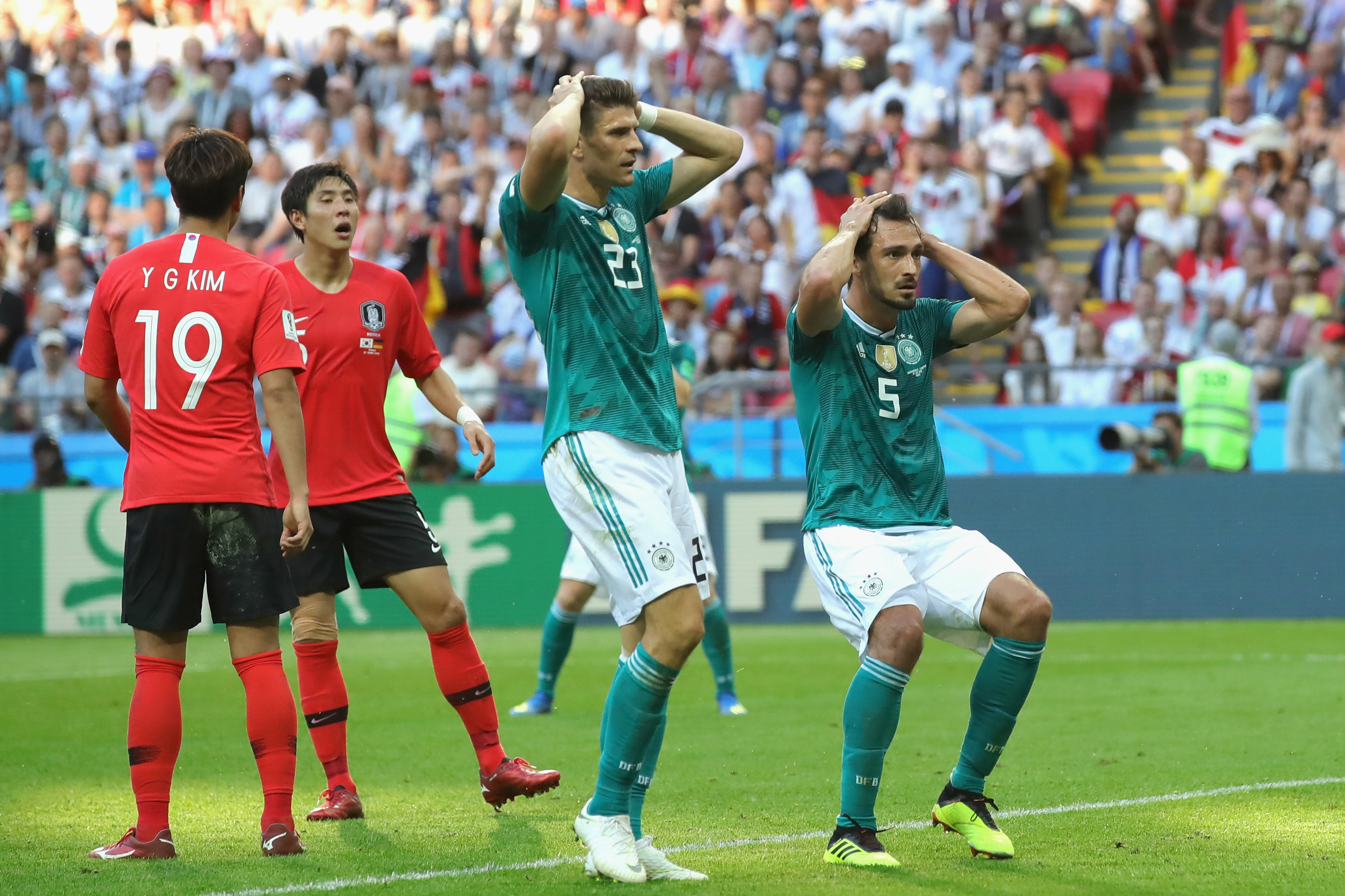 German players react after a missed chance.