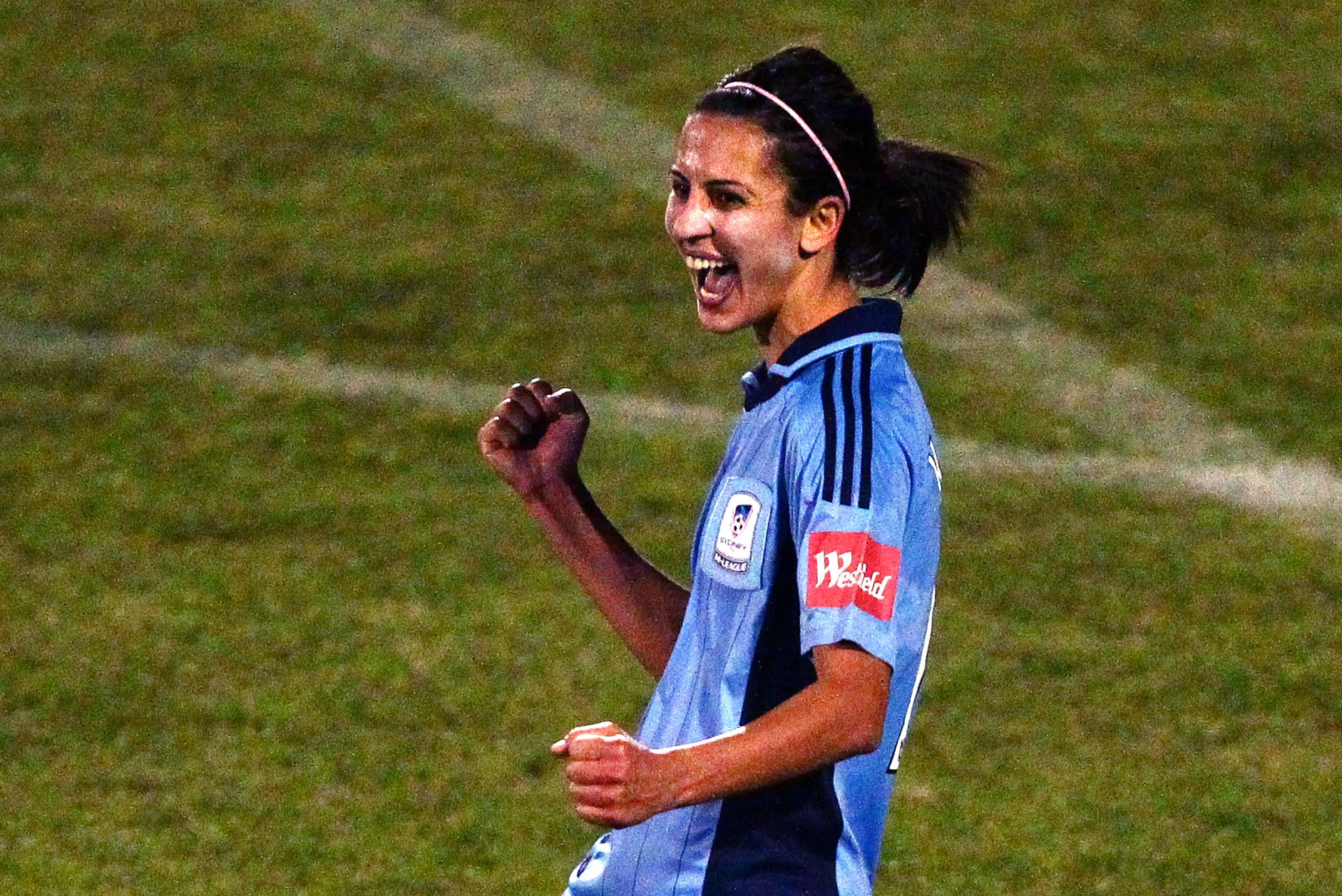 Leena Khamis celebrates one of her three goals against Glory.