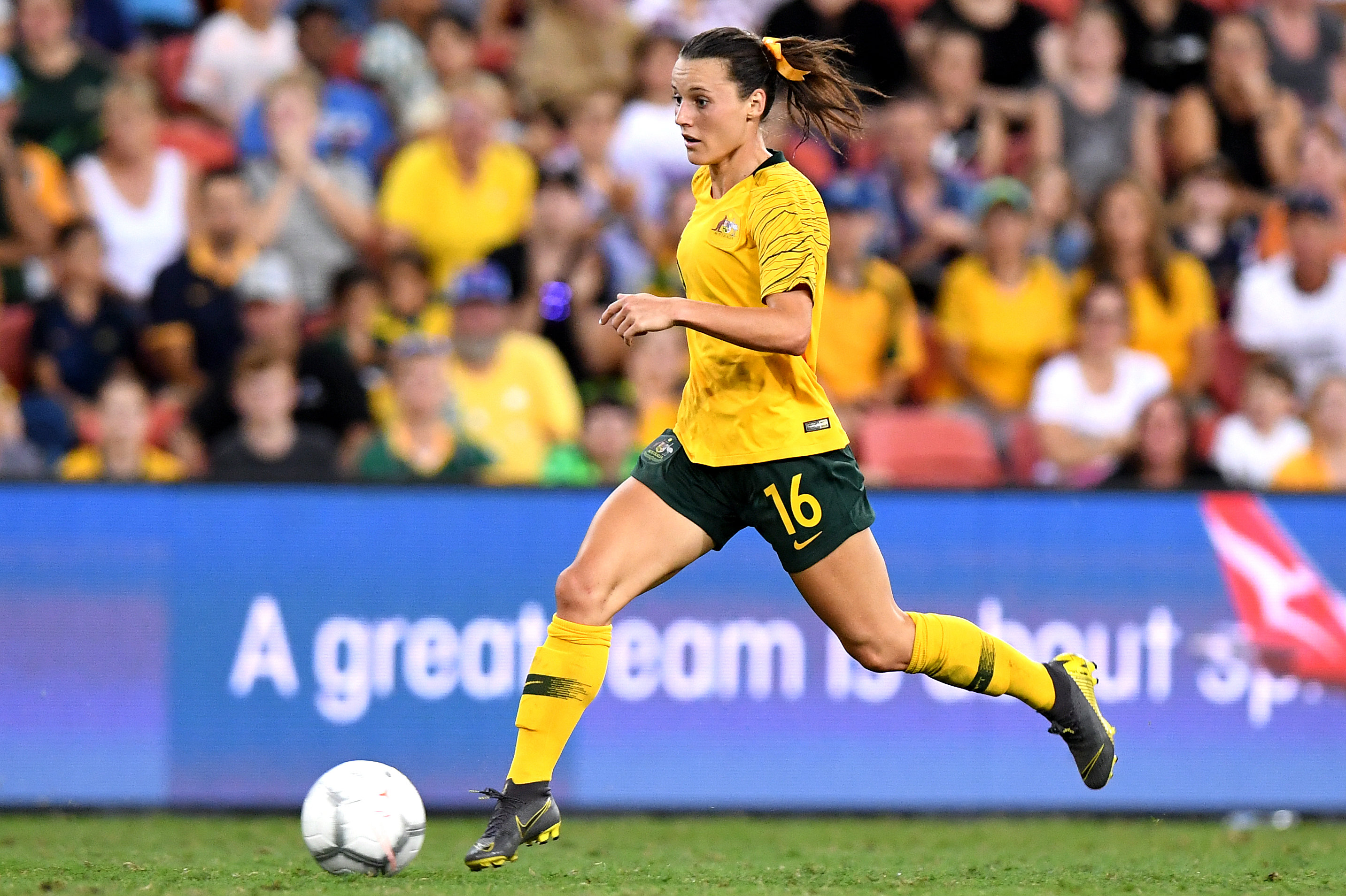 Hayley Raso on the ball for the Westfield Matildas during this year's Cup of Nation's Tournament