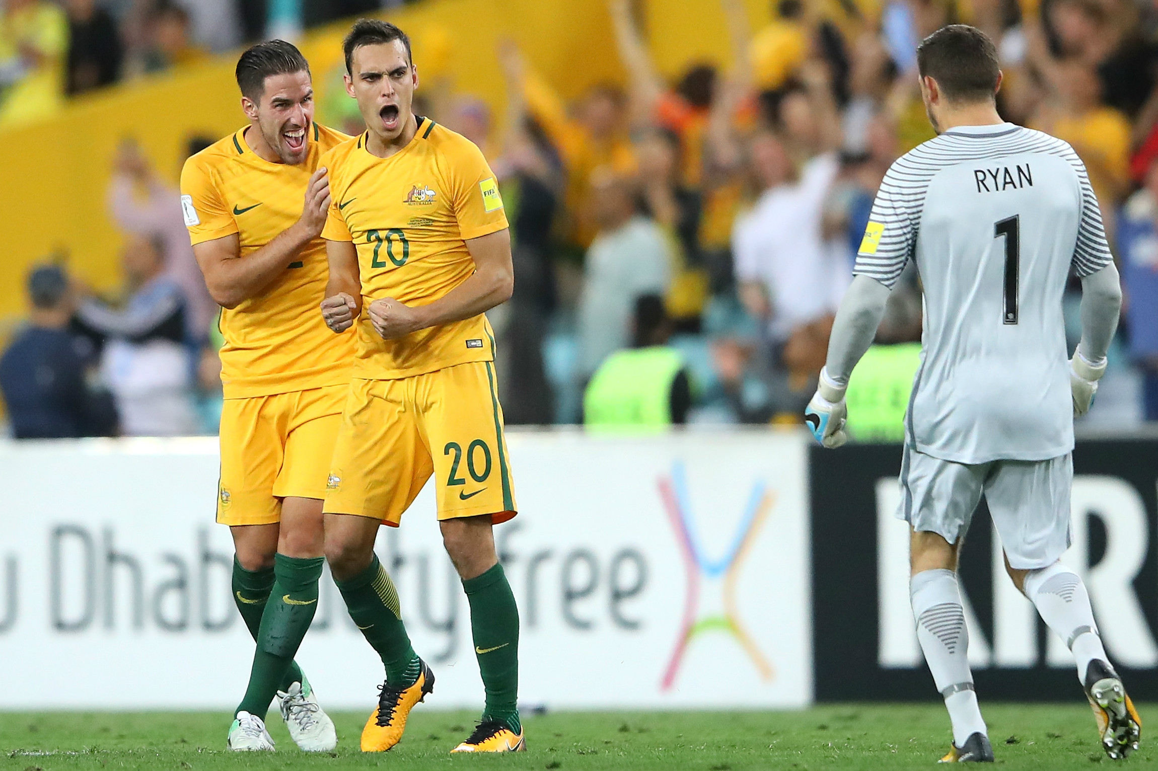 Trent Sainsbury celebrates the Caltex Socceroos win over Syria.