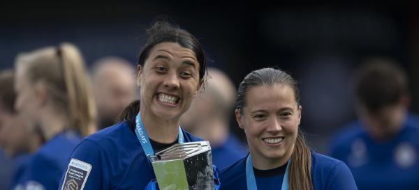Samantha Kerr and Fran Kirby of Chelsea Women celebrate after Chelsea win the WSL during the Barclays FA Women's Super League match between Chelsea Women and Reading Women at Kingsmeadow on May 09, 2021 in Kingston upon Thames, England. Sporting stadiums around the UK remain under strict restrictions due to the Coronavirus Pandemic as Government social distancing laws prohibit fans inside venues resulting in games being played behind closed doors. (Photo by Visionhaus/Getty Images)