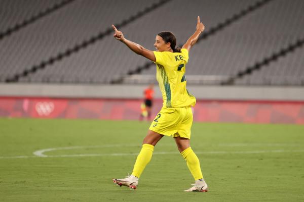 Sam Kerr #2 of Team Australia celebrates after scoring their side's second goal during the Women's First Round Group G match between Australia and New Zealand during the Tokyo 2020 Olympic Games at Tokyo Stadium on July 21, 2021 in Chofu, Tokyo, Japan. (Photo by Dan Mullan/Getty Images)