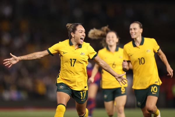  Kyah Simon of the Matildas celebrates scoring her team's only goal during game two of the International Friendly series between the Australia Matildas and the United States of America Women's National Team at McDonald Jones Stadium on November 30, 2021 in Newcastle, Australia. (Photo by Cameron Spencer/Getty Images)